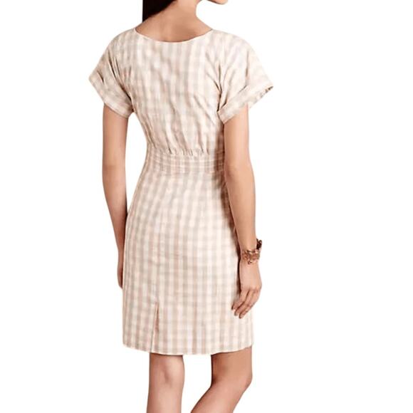Anthropologie HD in Paris Beige Neutral Cream Gingham Belted Poplin Sheath Dress - Picture 2 of 15